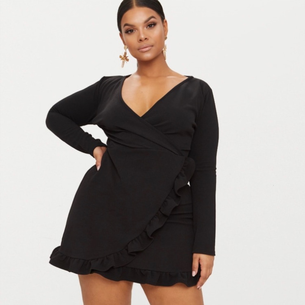 Plus Black long sleeve ruffle wrap dress